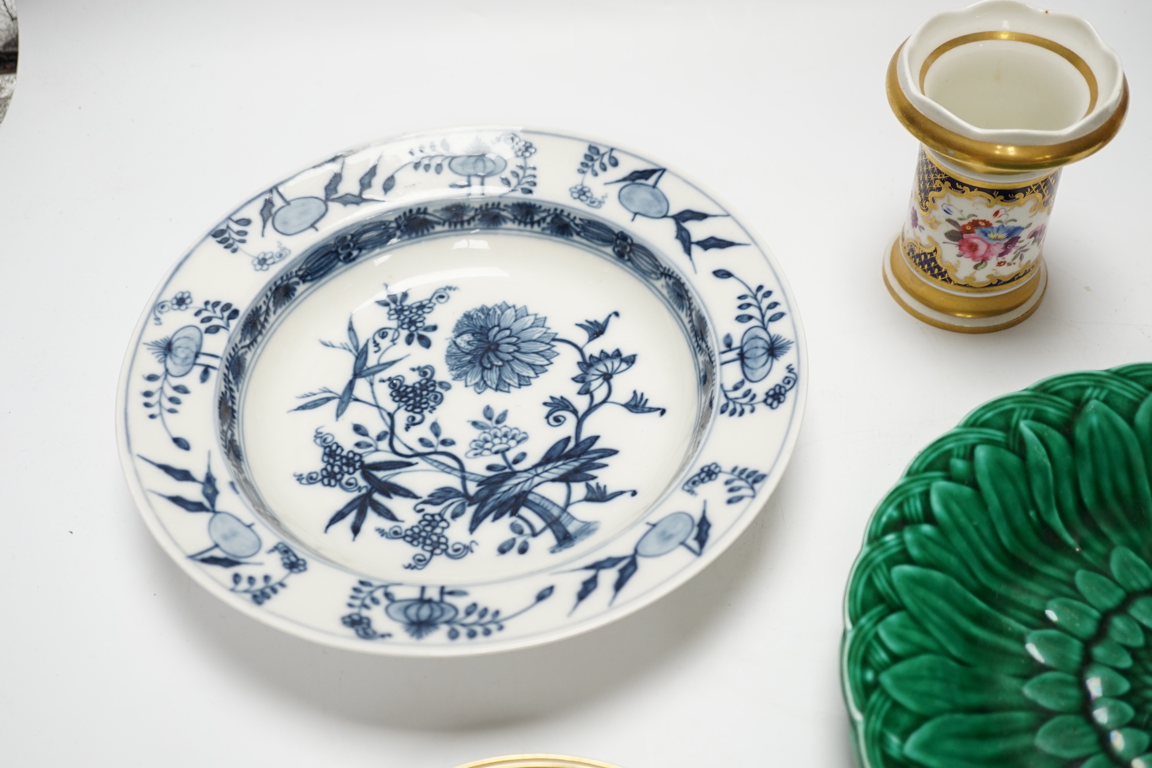 Four Victorian greenware plates, two Spode style vases, a pair of saucers and a blue and white plate